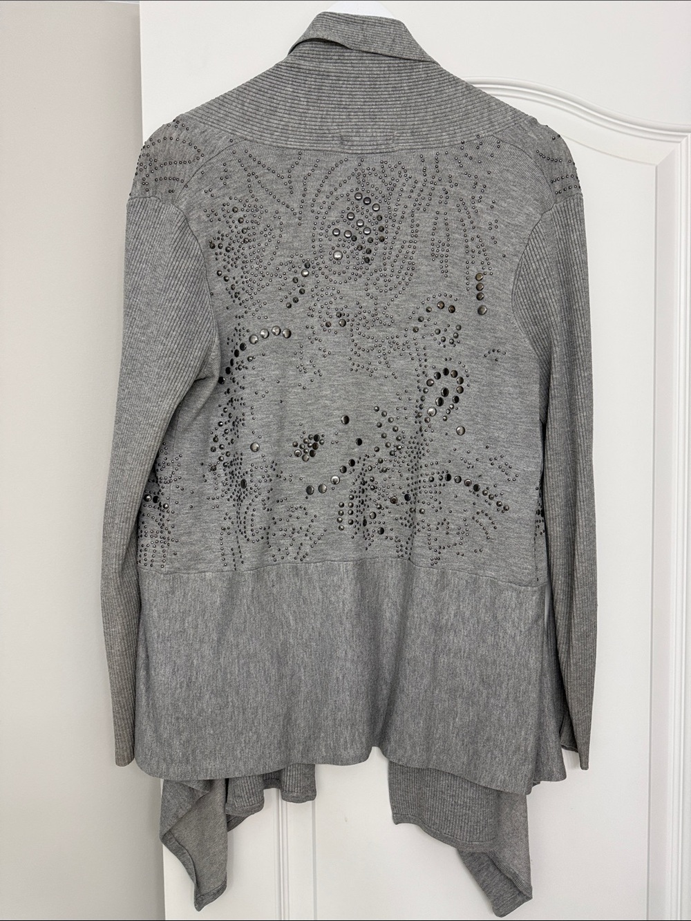 Alberto Makali Gray Embellished Open-Front Draped Cardigan